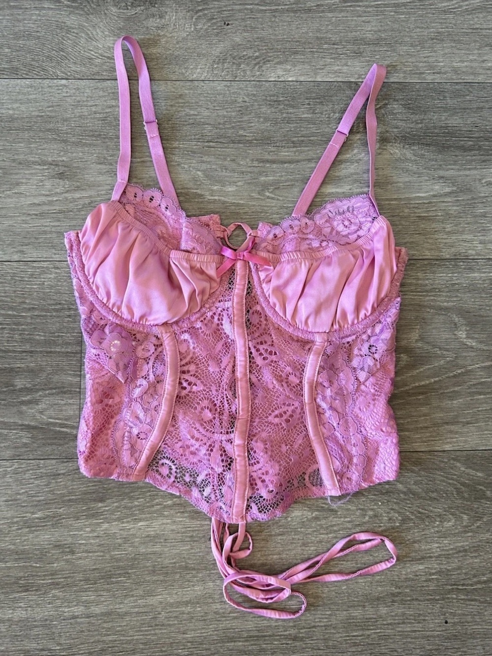 Outcast Pink Lace Satin Corset Top S Bustier Coquette Lace Up Y2K